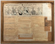 WALTER LINDRUM: Three assorted original cartoon artworks framed together with Lindrum associated photographs and telegrams included within displays, including a tipped in letter from Prime Minister Robert Menzies. (3 items). The largest 61 x 76cm overall. - 3