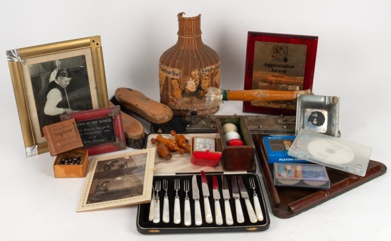 WALTER LINDRUM -  REMAINS OF COLLECTION: Including photographs, billiard balls, billiard iron, Kelly pool basket (with associated photograph of the basket in Lindrum's billiard room), brushes etc., (qty).