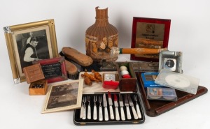 WALTER LINDRUM - REMAINS OF COLLECTION: Including photographs, billiard balls, billiard iron, Kelly pool basket (with associated photograph of the basket in Lindrum's billiard room), brushes etc., (qty).