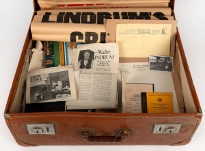 WALTER LINDRUM: Brown leather travel case with assorted ephemera, photographs and posters. Inspection will reward.