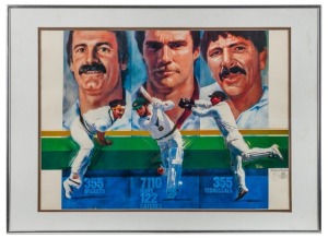 Six assorted framed cricket pictures and displays. The largest 48 x 80cm overall.
