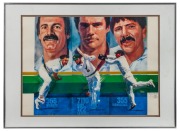 Six assorted framed cricket pictures and displays. The largest 48 x 80cm overall.
