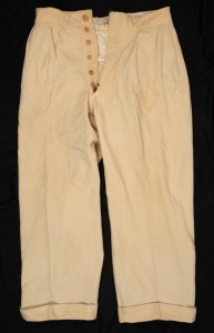 A pair of Clarrie Grimmett's pure wool cricket flannel trousers, circa 1930; with Kaylo "GRIPU" label and other markings to rear waistband.