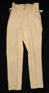 An early pair of Clarrie Grimmett's pure wool cricket flannel trousers, circa 1928; maker unknown. Much worn.