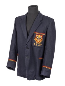 SOUTH AUSTRALIAN CRICKET ASSOCIATION, Clarrie Grimmett's blazer, black wool with red and yellow stripes to the pockets and sleeves, embroidered with the initials of the South Australian Cricket Association and their logo in red, gold, black and white thread, circa 1940/41. Label of The Myer Emporium, Melbourne & Adelaide with his initials in manuscript to the label. Excellent condition. Provenance: The Clarrie Grimmett Collection; his family, by descent.
