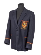 SOUTH AUSTRALIAN CRICKET ASSOCIATION, Clarrie Grimmett's blazer, black wool with red and yellow stripes to the pockets and sleeves, embroidered with the initials of the South Australian Cricket Association and their logo in red, gold, black and white thre
