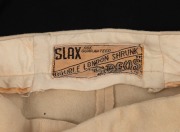 A pair of Clarrie Grimmett's pure wool cricket flannel trousers, circa 1930s; with "Greys Double London Shrunk SLAX" label to rear waistband. Provenance: The Clarrie Grimmett Collection; his family, by descent. - 3