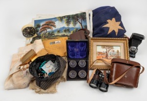 WALTER LINDRUM: Flag, binoculars, camera, clock, ephemera, cigarette cases, jewellery, watches etc., (qty), from the Billiards room at his home in Albert Park, Melbourne.