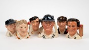 ROYAL DOULTON&nbsp;limited edition character mugs, 1980s-90s, featuring IAN BOTHAM, FREDDIE TRUEMAN, J.B. HOBBS, LEN HUTTON, DENIS COMPTON and "The HAMPSHIRE&nbsp;CRICKETER", (6); the largest 13cm tall.&nbsp;check estimate