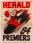 Essendon 1984 Premiers poster by Weg (minor faults) and two Essendon 2000 Premiers&nbsp;posters by Weg (signed reproductions) , together with Herald Sun "Go Bombers!" and "Go Demons!" Grand Final 2000 posters, plus similar items in a cardboard tube.