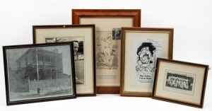 A collection of framed & glazed cricket items including a Tony Greig signed photo, a photo of Bill Woodfull as a child, A Jim Laker display (with 3 signatures), a postcard of the Yorkshire County Team in 1968 signed verso by the players, and a 1984 Max Walker tribute night programme signed by Dennis Lillee, Greg Chappell, Rod Marsh, Ron Barassi and Max Walker. (5 framed items).
