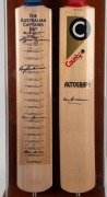 "County Autograph" full sized cricket bat signed by Don Bradman presented in a timber and perspex case alongside an "Australian Captains" bat signed by 19 captains (most autographs faded). 105cm high, 32.5cm wide, 17.5cm deep. - 2