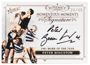 2021 SELECT SUPREMACY MOMENTOUS MOMENTS: Limited-edition signature card for Peter Bosustow (MMS3 #20/45), depicting the 1981 Mark of the Year.