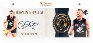 2022 Patrick Cripps Select Brownlow Medallist&nbsp;gold booklet&nbsp;with signature, numbered #10/185, in original presentation packaging. Accompanied by the 2022 Brownlow Medal Predictor Gold card with the matching number (#10), which has been officially hole-punc