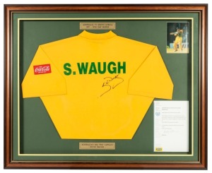 STEVE WAUGH'S 1997 AUSTRALIA v. SOUTH AFRICA ONE DAY SERIES SHIRT: Signed on the back beneath his printed name. Mounted, framed and glazed together with a letter of authenticity. Overall 90 x 110cm.