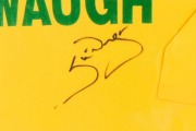 STEVE WAUGH'S 1997 AUSTRALIA v. SOUTH AFRICA ONE DAY SERIES SHIRT: Signed on the back beneath his printed name. Mounted, framed and glazed together with a letter of authenticity. Overall 90 x 110cm. - 3