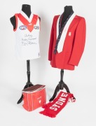 SOUTH MELBOURNE FOOTBALL CLUB: Size 42 Regular. Official team blazer with white swan and "S. M. F. C" embroidered to breast pocket, accompanied by a red and white " Keep South at South" tie, and a Sydney Swans tie. Accompanied by a Sydney Swans zip up car