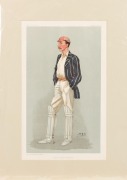 Seven original Vanity Fair chromo-lithographs featuring seven different English cricketers, "Oxford Cricket" (29 June 1889), "Sammy" (6 August 1892), "Bobby" (5 June 1902), "Repton, Oxford & Somerset" (6 August 1903), "Yorkshire" (29 August 1903), "Plum" - 4