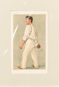 Seven original Vanity Fair chromo-lithographs featuring seven different English cricketers, "Oxford Cricket" (29 June 1889), "Sammy" (6 August 1892), "Bobby" (5 June 1902), "Repton, Oxford & Somerset" (6 August 1903), "Yorkshire" (29 August 1903), "Plum" - 6