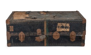 ERNIE BROMLEY's 1934 tour to England fully-fitted metal-bound cabin trunk bearing the marker's label 'THE PEARLITE WARDROBE TRUNK', with remnants of some stickers and 'E. H. BROMLEY' painted to one end. 98 x 57 x 38cm.