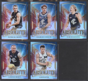2024 CARLTON SELECT ABSOLUTE: Five limited-edition cards for Patrick Cripps (A11 #19/70), Charlie Curnow (A12 #08/70), Tom De Koning (A13 #51/70), Sam Docherty (A14 #10/70), and Sam Walsh (A15 # 21/70). (5 items)
