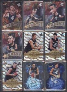 2020-2021 Select Carlton football cards in Carlton Collectors Album, with noted Engine Room [3], Burst [10], Fireworks [7], Milestone [8], On the Rise [4], Dominance Draft Pick Signature [1], Dominance [14], 2020 Brownlow Leaders [3], Clearance Kings [4],