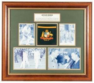 ARTHUR MORRIS'S 1946-47 AUSTRALIAN TEST TEAM BLAZER POCKET: Attractively mounted and framed together with four photographs and details of Morris's career. Overall 65 x 73cm.