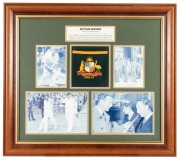 ARTHUR MORRIS'S 1946-47 AUSTRALIAN TEST TEAM BLAZER POCKET: Attractively mounted and framed together with four photographs and details of Morris's career. Overall 65 x 73cm.