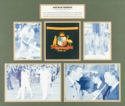 ARTHUR MORRIS'S 1946-47 AUSTRALIAN TEST TEAM BLAZER POCKET: Attractively mounted and framed together with four photographs and details of Morris's career. Overall 65 x 73cm. - 2