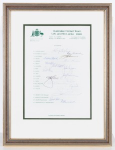 1981 AUSTRALIAN CRICKET TEAM TO U.K. AND SRI LANKA: Official team sheet signed by fifteen players and three officials. Framed and glazed, overall 44 x 33.5cm.