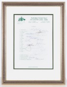 1981 AUSTRALIAN CRICKET TEAM TO U.K. AND SRI LANKA: Official team sheet signed by fifteen players and three officials. Framed and glazed, overall 44 x 33.5cm.