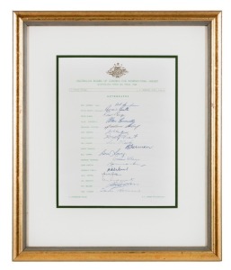 THE 1964 AUSTRALIAN TEST TEAM ON TOUR: Official team sheet signed by all seventeen players and officials including Simpson, Booth, Connolly, Grout, Lawry and Redpath. Framed and glazed, overall 43 x 37cm.