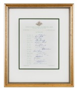 THE 1964 AUSTRALIAN TEST TEAM ON TOUR: Official team sheet signed by all seventeen players and officials including Simpson, Booth, Connolly, Grout, Lawry and Redpath. Framed and glazed, overall 43 x 37cm.