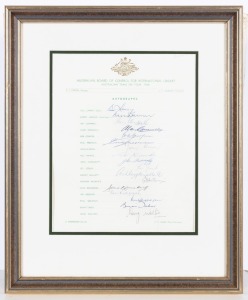 THE 1968 AUSTRALIAN TEST TEAM ON TOUR: Official team sheet signed by seventeen players and officials including Lawry (Captain), Jarman, Chappell, Hawke, Mallett and Walters. Framed and glazed, overall 40.5 x 33.5cm.