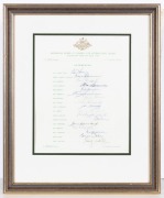 THE 1968 AUSTRALIAN TEST TEAM ON TOUR: Official team sheet signed by seventeen players and officials including Lawry (Captain), Jarman, Chappell, Hawke, Mallett and Walters. Framed and glazed, overall 40.5 x 33.5cm.