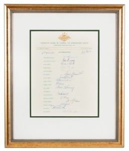 THE 1961 AUSTRALIAN TEST TEAM ON TOUR: Official team sheet signed by eighteen players and officials including Benaud (Captain), Harvey, Davidson, Grout, Lawry and McKenzie. Framed and glazed, overall 43 x 36.5cm.
