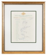 THE 1961 AUSTRALIAN TEST TEAM ON TOUR: Official team sheet signed by eighteen players and officials including Benaud (Captain), Harvey, Davidson, Grout, Lawry and McKenzie. Framed and glazed, overall 43 x 36.5cm.