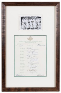 THE 1968 AUSTRALIAN TEAM ON TOUR: Official team sheet signed by twenty-one players and officials including Lawry (Captain), Jarman, Chappell, Cowper, Gleeson and Shehan. Mounted together with a team photograph which has been signed by the eleven players in the image. Framed and glazed, overall 55.5 x 36cm.
