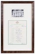 THE 1968 AUSTRALIAN TEAM ON TOUR: Official team sheet signed by twenty-one players and officials including Lawry (Captain), Jarman, Chappell, Cowper, Gleeson and Shehan. Mounted together with a team photograph which has been signed by the eleven players i