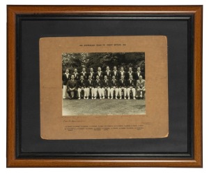 20th AUSTRALIAN TEAM TO GREAT BRITAIN, 1948: An official team photograph by The Sport and General Press Agency, mounted on printed backing card and signed by the full team, some of whose signatures have faded. Those clearly visible include Don Bradman, Arthur Morris, Ian Johnson, Keith Johnson, Ron Hamence, Ray Lindwall and Ernir Toshack. Framed and glazed, overall 48 x 58cm.