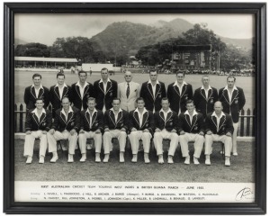 FIRST AUSTRALIAN CRICKET TEAM TOURING WEST INDIES & BRITISH GUIANA, MARCH - JUNE 1955: Official team photograph by Chan's of Trinidad featuring the full team which included Ian Johnson (Captain), Miller, Lindwall, Benaud and Arthur Morris who has also signed on the back of the frame. Framed and glazed, overall 30 x 37.5cm.