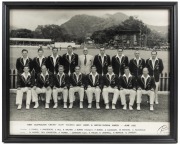 FIRST AUSTRALIAN CRICKET TEAM TOURING WEST INDIES & BRITISH GUIANA, MARCH - JUNE 1955: Official team photograph by Chan's of Trinidad featuring the full team which included Ian Johnson (Captain), Miller, Lindwall, Benaud and Arthur Morris who has also sig
