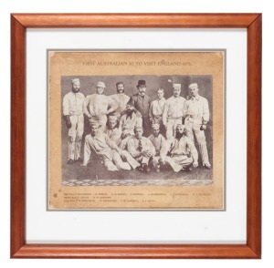 FIRST AUSTRALIAN XI TO VISIT ENGLAND, 1878: A print showing the twelve players and their manager Jack Conway. Framed and glazed, overall 42 x 42.5cm.The Australian team led by Jack Blackham included Murdoch, Spofforth, Bannerman and Gregory. During this tour Charles Bannerman made the first century by an Australian in England, hitting 133 in the Australian's win over Leicestershire on July 15-17th.