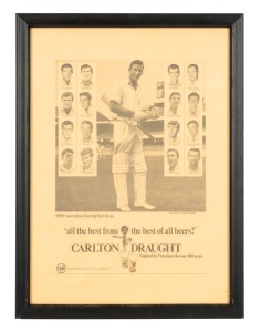 A 1968 Carlton Draught Beer poster-size advertisement featuring Bill Lawry, Victorian Captain, together with insert photographs of the 1968 Australian Touring Test Team; framed & glazed, overall 55 x 41.5cm