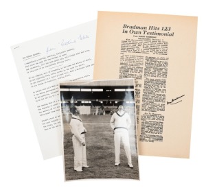 A BRADMAN TRIO: An original press photograph of Bradman and Hassett sharing a laugh at the MCG (probably during Bradman's Testimonial Match); a copy of an article by Harry Kneebone, titled "Bradman hits 123 In Own Testimonial" personally signed by Bradman; and a poem titled "Sir Don Bradman" signed by the poet. (3 items).