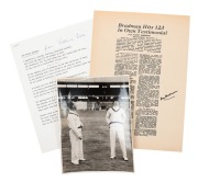 A BRADMAN TRIO: An original press photograph of Bradman and Hassett sharing a laugh at the MCG (probably during Bradman's Testimonial Match); a copy of an article by Harry Kneebone, titled "Bradman hits 123 In Own Testimonial" personally signed by Bradman