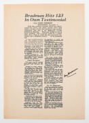 A BRADMAN TRIO: An original press photograph of Bradman and Hassett sharing a laugh at the MCG (probably during Bradman's Testimonial Match); a copy of an article by Harry Kneebone, titled "Bradman hits 123 In Own Testimonial" personally signed by Bradman - 2