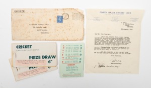 CRICKET IN AID OF THE RED CROSS: Pinner South C.C. v British Empire XI at Eastcote, Sunday, Sept.24, 1944: a letter from the Pinner South C.C., which accompanied official tickets (10, all present), and two booklets of raffle tickets (mostly still present) and the original envelope in which these were delivered.