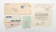 CRICKET IN AID OF THE RED CROSS: Pinner South C.C. v British Empire XI at Eastcote, Sunday, Sept.24, 1944: a letter from the Pinner South C.C., which accompanied official tickets (10, all present), and two booklets of raffle tickets (mostly still present)
