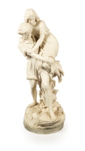 PROSPER D'EPINAY&nbsp;(Mauritius)&nbsp;"Paul & Virginie" fine and impressive Carrara marble figurative sculpture, signed to the base "P. d'Epinay", circa 1890, standing on later bisque pedestal, the statue 117cm, overall 166cm